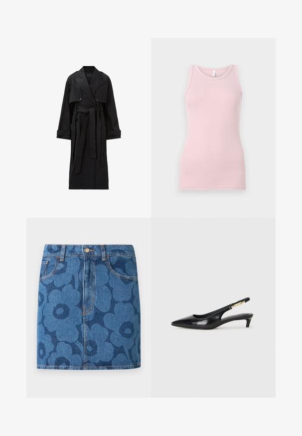 Casaco preto longo com lapelas largas, botões duplamente abotoados, aba frontal, tiras nos punhos e um cinto atado na cintura.; Top de alças rosa claro feito de um tecido macio e elástico. Apresenta um decote redondo e alças finas, com uma textura suave e um corte justo.; Camisa riscada em rosa claro com riscas verticais em verde e amarelo, com fecho de botões e mangas compridas com punhos em contraste.; Minissaia de ganga com padrão floral azul escuro, bolsos frontais, passantes para cinto e fecho de botão na cintura.; Saltos slingback em couro preto com bico fino, apresentando um salto esguio e um detalhe em tom dourado na alça ajustável. Textura suave.