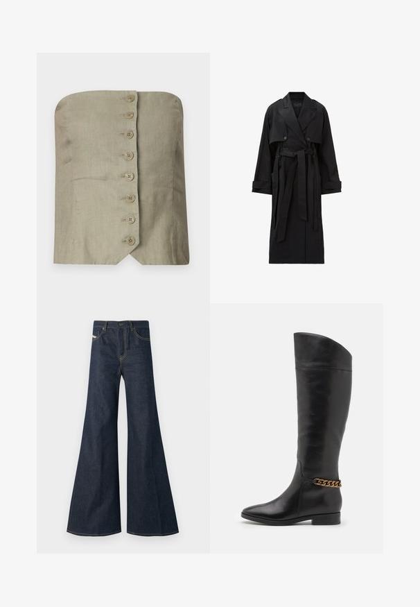 Trench coat lung negru, cu revere late, nasturi dubli, clapetă frontală, curele la mansete și o curea legată în talie.; Top fără bretele din fibra de in verde deschis, cu decolteu drept, având șase nasturi mari și rotunzi pe față și o margine ascuțită.; Jeans negri închis, evazați, din denim, având talie înaltă, accente din fir auriu și două buzunare frontale cu închidere prin buton.; Cizme negre din piele înalte, cu un design elegant, vârf ascuțit și un accent de lanț auriu la gleznă. Toc mic în formă de bloc. Textură netedă.