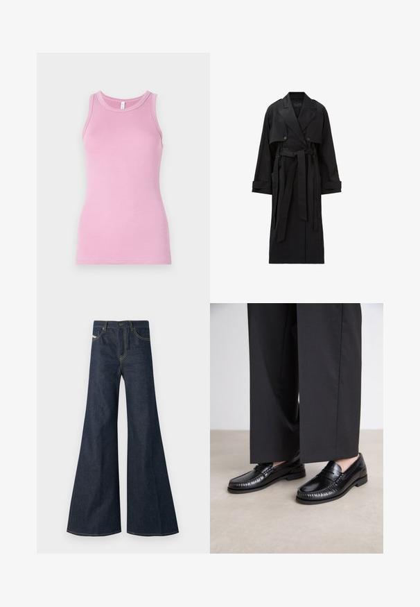 Long black trench coat with wide lapels, double-breasted buttons, front flap, cuff straps, and a tied waist belt.; Pink tank top with a fitted design, featuring a round neckline and ribbed texture. No patterns or accents present.; Dark blue flared jeans made of denim, featuring a high waist, gold stitching accents, and two front pockets with a button closure.; Black leather loafers with a smooth finish, stitched detailing around the toe, and a low rubber sole. Paired with wide black trousers.