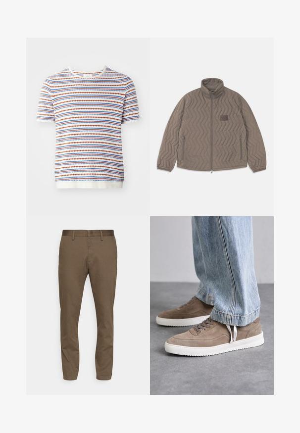 Quilted brown jacket with a high collar, zippered front, and two side pockets. Features a diagonal zigzag pattern and a small fabric label.; Short-sleeve knit sweater in white with horizontal stripes in red, blue, and orange, featuring a ribbed neckline and textured weave.; Brown, stretch fabric trousers with a slim fit. Features a smooth waistband, belt loops, and two front pockets.; Brown suede sneakers with white rubber soles, featuring round laces and a low-profile design. Jeans partially cover the shoes.