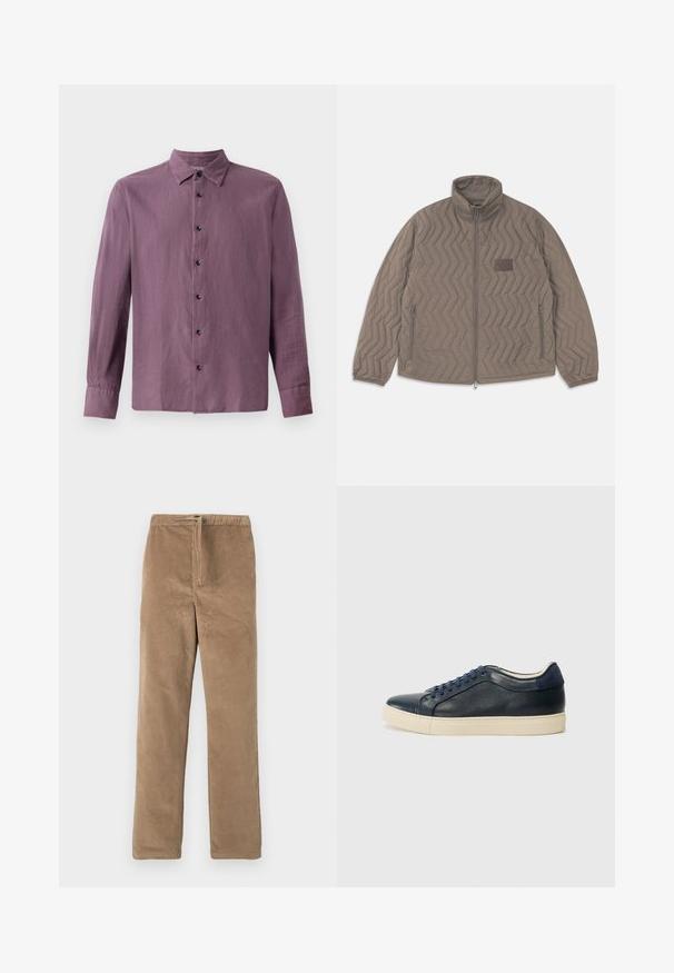 Chaqueta marrón acolchada con cuello alto, cierre frontal con cremallera y dos bolsillos laterales. Presenta un patrón zigzagueante diagonal y una pequeña etiqueta de tela.; Camisa de manga larga en tela de color púrpura claro, con un frente abotonado y botones negros, además de un cuello clásico. Textura suave, corte recto.; Pantalones de pana marrones con cintura elástica y cordón frontal, corte recto, expuestos sobre fondo blanco.; Zapatilla de cuero azul marino con suela de goma color crema, que presenta cordones azules y una textura suave. Punta redondeada y diseño minimalista.