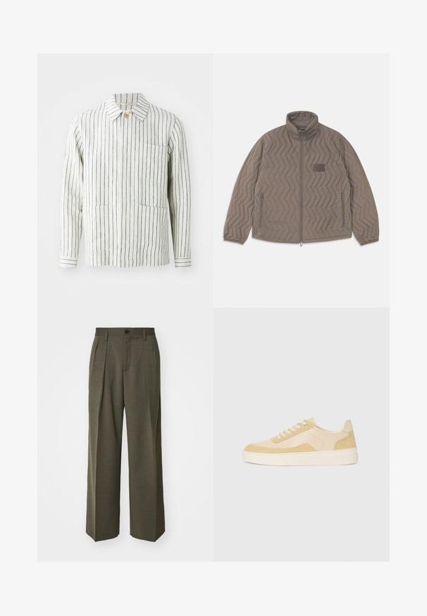 Pletená hnědá bunda s vysokým límcem, zipem v přední části a dvěma bočními kapsami. Obsahuje diagonální cik-cak vzor a malou textilní etiketu.; Pruhovaná bunda v krémové a námořnické barvě, vyrobená z lehkého materiálu. Má límec, zapínání na knoflíky a dvě přední kapsy.; Filippa K WIDE TROUSERS - Kalhoty - driftwood; Tenisky ve světlé žluté nubukové a kožené úpravě, vybavené polstrovanou podrážkou a šitými detaily. Klasický styl na šněrování s kulatou špičkou.