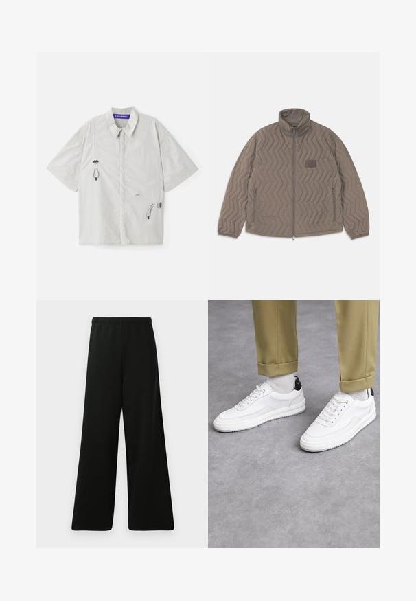 Quiltad brun jacka med hög krage, dragkedjeslutning och två sidfickor. Har ett diagonalt zigzagmönster och en liten tygetikett.; Kortärmad skjorta med krage i ljusgrått, med dragsnören på sidorna och en tryckt logotyp på övre bröstet. Slät, lättviktig tyg.; Svarta vida byxor i mjukt tyg. Har ett elastiskt midjeband, slät textur och en enkel, modern design utan mönster.; Vita sneakers med en texturerad läderfinish, rund tå och svart häldetalj. Gummisul med litet mönster och sydd detalj.