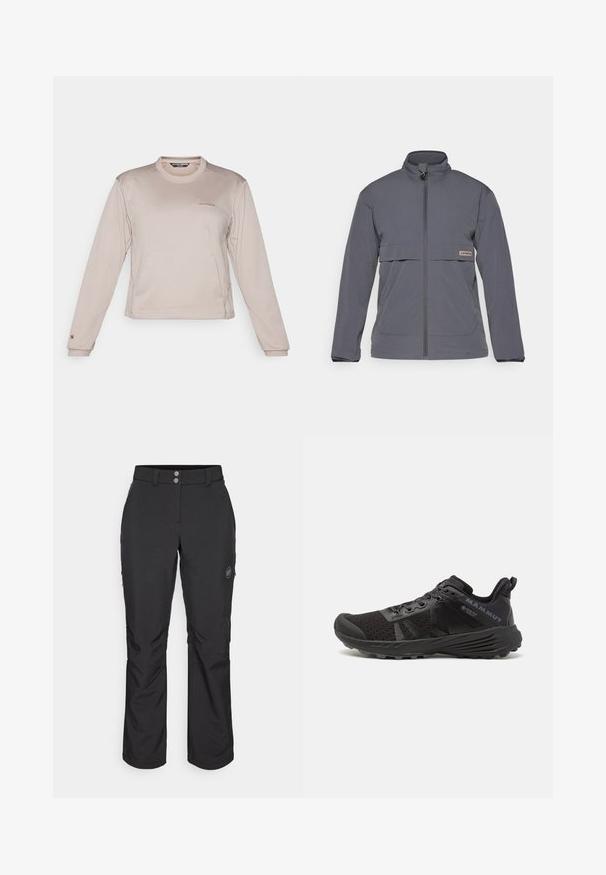 Pelēks ar rāvējslēdzēju aizdare mīksts žakets. Iezīmēts ar augstu apkakli, priekšējām kabatām un horizontālu krūšu kabatu ar logo birku.; Ilgi piedurkņu gaismi brūns sporta krekls, izgatavots no teksturētas, elpojošas auduma, ar apaļu kakla izgriezumu un smalku logotipu uz krūtīm.; Melnas brīvā laika bikses ar taisnu piegriezumu, aprīkotas ar pogu aizdari, rāvējslēdzēja sānu kabatām un logotipa uzlīmi kreisajā augšstilbā.; Melnas skriešanas kurpes ar teksturētu sietu augšdaļu, pastiprinātu purngali un gumijas zoli. Iespējas pievienot lentes sistēma un logotipa detaļas sānos.