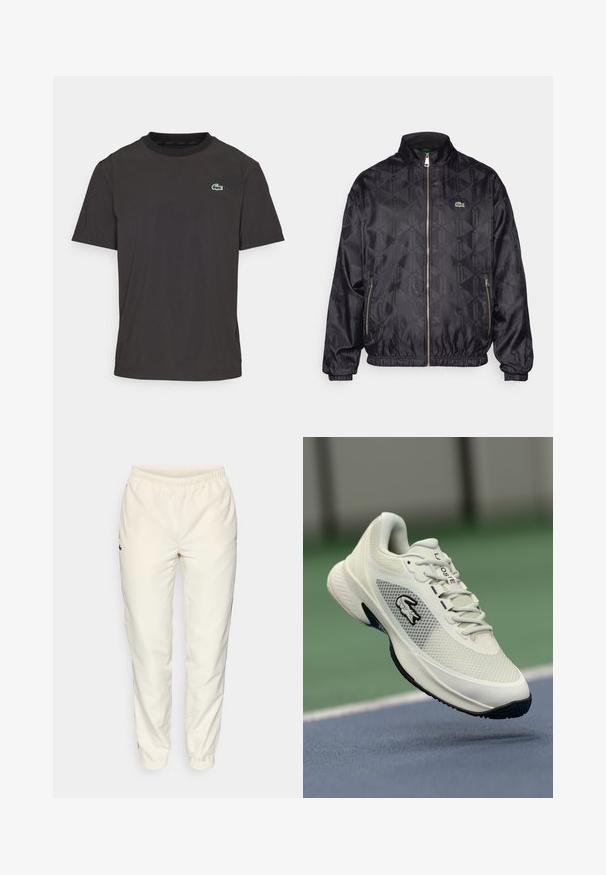 Črn bomberski jopič z geometrijskim vzorcem, zadrgo spredaj, stoječim ovratnikom, elastičnimi manšeti in zelenim logotipom Lacoste. Gladek, lahek material.; Črna majica s kratkimi rokavi iz mehkega materiala, ki ima okroglo ovratnico in majhen zeleni krokodilov logotip na levem prsnem delu.; Kremne barve športne hlače z elastičnim pasom, zoženimi hlačnicami in majhnim temno zelenim logotipom na levi strani. Gladek, lahek material.; Bela atletska superga z mrežastim zgornjim delom, črnimi akcenti, teksturiranim podplatom in izpostavljenim logotipom na strani, prikazana v ozadju igrišča.