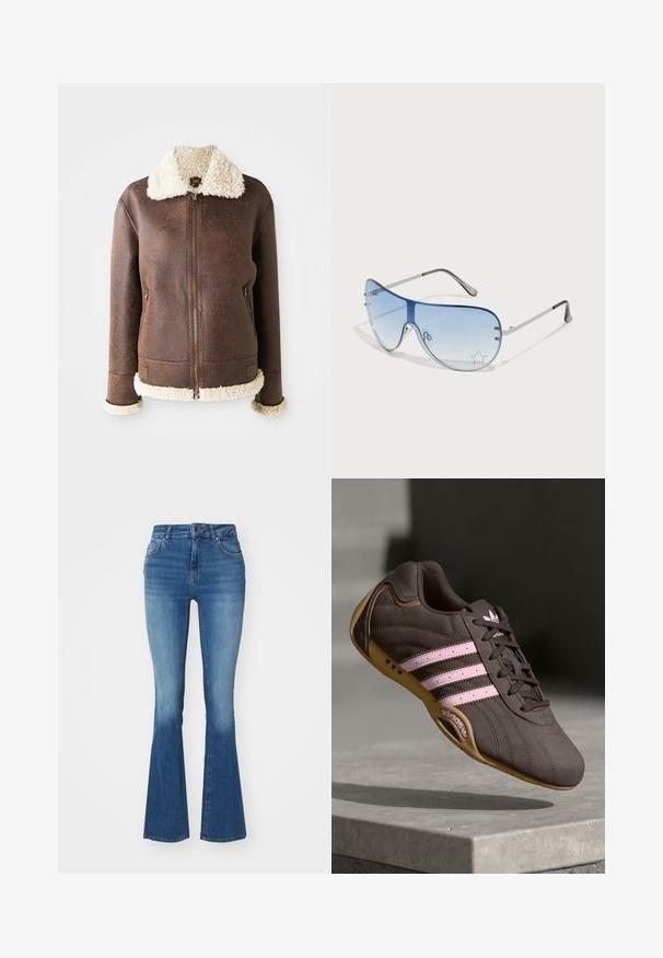 Smeđa kožna jakna s kremasto bijelim krznom na ovratniku i rukavima. Ima prednji zip zatvarač i dva bočna džepa. Cijela jakna ima istrošeni izgled.; Dva majice s v-izrezom: jedna u svijetlo crvenoj boji, a druga u tamnosivoj. Izrađene su od mekanog pamuka s kratkim rukavima i prilagođenim dizajnom.; Traperice s visokim strukom i flared krojem u svijetloplavom denimu, s glatkom teksturom, zatvaranjem na zip i gumbe te dva prednja džepa.; Smeđi suedeski atletski tenisice s ružičastim prugama i logotipom, s teksturiranim gornjim dijelom, vezanjem na vezice i gumiranim potplatom.; Naočale tipa avijatičar s gradijentnim plavim staklima, okvirom od srebrnog metala i dekorativnim zvjezdastim naglascima na staklima. Glatki i elegantni dizajn.