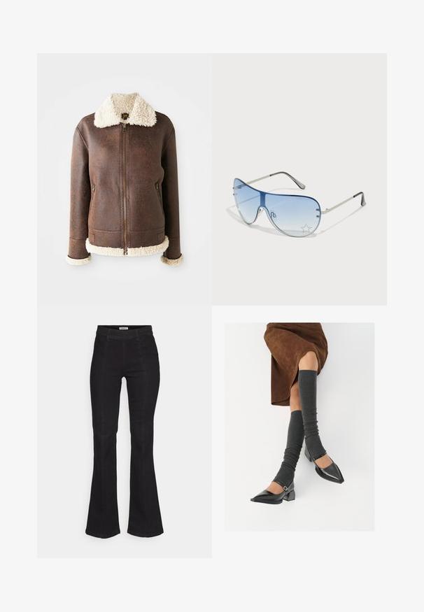 Barna bőrkabát, krémes gyapjúgallérral és mandzsettákkal. Elöl cipzáras, és két oldalsó zseb található rajta. Az anyag kopottas textúrával rendelkezik.; Két V-nyakú póló: az egyik élénkpiros, a másik sötétszürke. Puha pamutból készült, rövid ujjú és testhez simuló fazonnal.; Fekete harangszárú farmernadrág, magas derékkal, diszkrét elülső varrással és klasszikus öt zsebes kivitelben.; Fekete lakk bőrből készült, hegyes orrú cipők, tömbsarkúakkal és bokapánttal, szürke bordás lábszármelegítőkkel és barna velúr szoknyával párosítva.; Pilóta napszemüveg, melynek áttetsző kék lencséje, ezüst fém kerete és díszes csillag díszítések találhatók a lencsén. Simogató és elegáns dizájn.