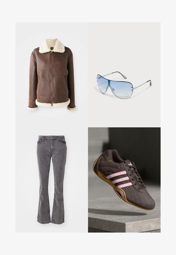 Pruun nahkjakk, millel on kreemjas berberi kaelus ja varrukaäärised. Omab esimest lukku ja kahte küljetaskut. Ühtlane kulunud tekstuur kogu pinnal.; Kaks v-kaelusega T-särki: üks erksas punases, teine tumehall. Valmistatud pehmest puuvillast, lühikeste varrukatega ja sobiva kujuga.; Hallide sinised flared teksad, mis on valmistatud denimist, klassikalise viie taskuga disainiga, värvikadujooned ja nööbi ning lukuga sulgemine talje juures.; Pruunist nahast sportlik king, millel on roosa triip ja logo, tekstureeritud ülemine osa, paeltesulgur ning kummist tallad.; Aviatori prillid, millel on gradient sinine objektiiv, hõbedane metallraam ja dekoratiivsed staaraktsendid objektiivil. Sujuv ja stiilne disain.
