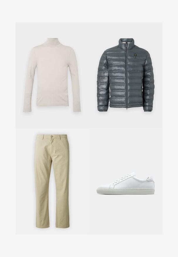 Puffede jakke i mørkegrå, quiltet tekstur, høj krave, fuld lynlås foran, elastiske manchetter og en lille logo detalje nær toppen på venstre side.; Lys beige turtleneck sweater lavet af glat stof, med lange ærmer og en figursyet design, samt en ribbet halsudskæring og manchetter.; Beige bomuldsbukser med lige ben-design, frontlukning med knap og bæltestropper. Glat tekstur, ingen synlige mønstre eller accenter.; Hvide sneakers med en glat læderoverdel og lav profil. Har en rund tå, seks snørehuller og en tekstureret gummisål.