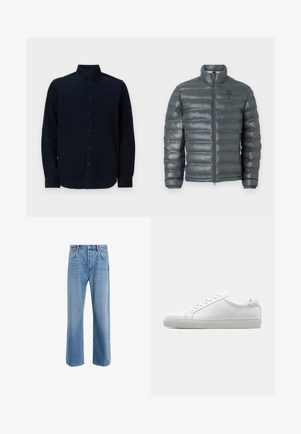 Puffede jakke i mørkegrå, quiltet tekstur, høj krave, fuld lynlås foran, elastiske manchetter og en lille logo detalje nær toppen på venstre side.; Marineblå langærmet skjorte lavet af struktureret stof, med knaplukning foran, spidse kraver og knaplukninger ved manchetterne.; Lyseblå denim jeans med lige ben-design, fem lommer, knaplukning, minimal falming og kontraststingdetaljer.; Hvide sneakers med en glat læderoverdel og lav profil. Har en rund tå, seks snørehuller og en tekstureret gummisål.