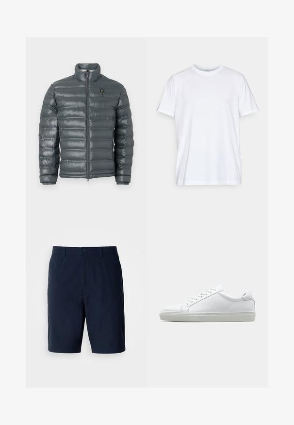 Dunkelgraue Steppjacke, mit gesteppter Textur, hohem Kragen, durchgehendem Reißverschluss, elastischen Bündchen und einem kleinen Logodetail oben links.; Weißes Baumwoll-T-Shirt mit kurzen Ärmeln, rundem Halsausschnitt und lockerer Passform. Minimalistisches Design, ohne Muster oder Akzente.; Marineblaue Shorts aus leichtem Material, mit klassischer Passform, Gesäßtaschen und einem Frontknopfverschluss mit Reißverschluss.; Weißer Sneaker mit glattem Lederobermaterial und niedrigem Profil. Verfügt über eine runde Zehenpartie, sechs Ösen und eine strukturierte Gummisohle.