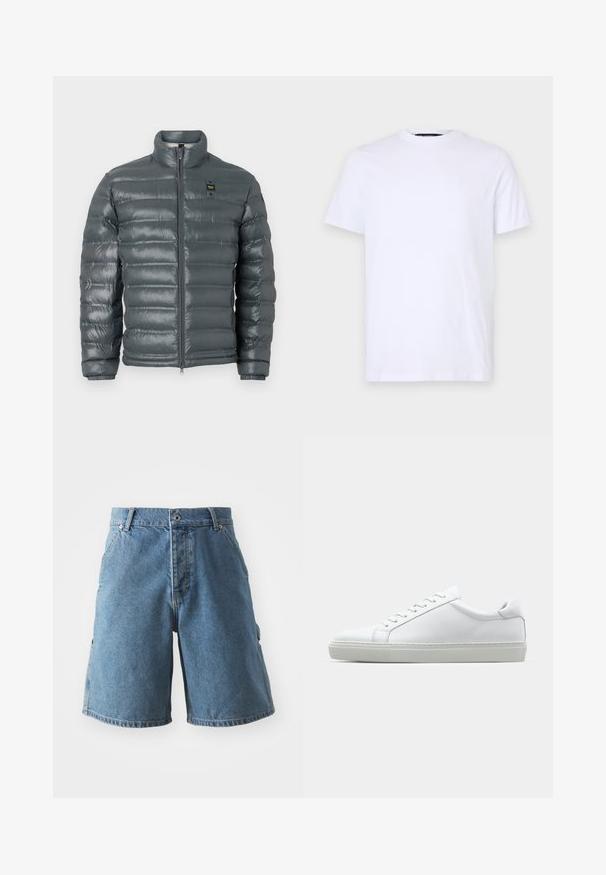 Puffer-takki tummanharmaana, tikattua tekstuuria, korkea kaulus, täyspitkä vetoketju edessä, joustavat hihansuut ja pieni logoyksityiskohta vasemmalla puolella ylhäällä.; Valkoinen puuvillapaita lyhyillä hihoilla, pyöreällä kaula-aukolla, jossa on hienovarainen kohopainettu logo vasemmassa rinnassa, sileä pinta.; Vaaleansiniset farkkushortsit. Ominaisuuksiin kuuluu klassinen viisipocket-malli, napitus ja suora leikkaus. Kangas näyttää pehmeältä ja siinä on pieni kulutus.; Valkoinen tennari, jossa on sileä nahkapäällinen ja matala profiili. Ominaisuuksiin kuuluu pyöreä kärki, kuusi rei'itystä ja teksturoitu kumipohja.