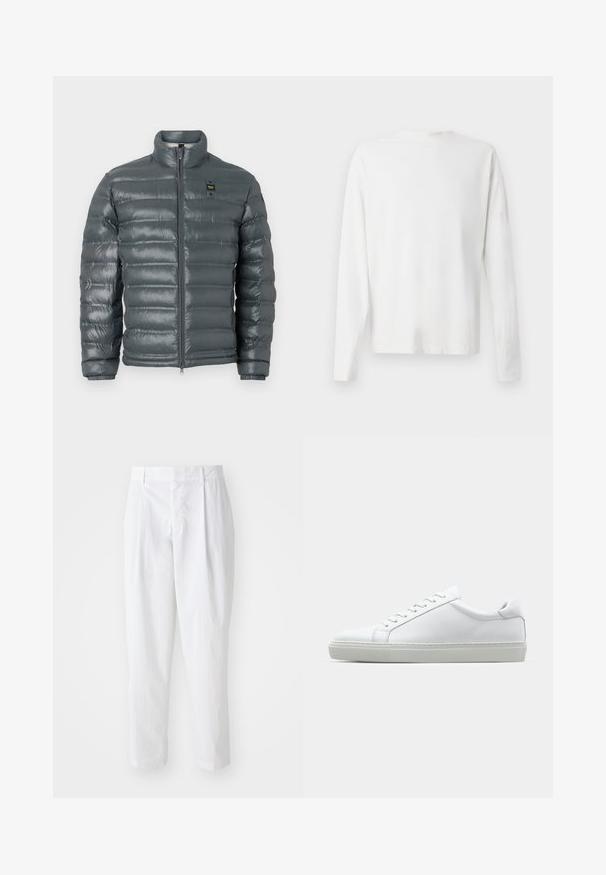 Tūbi jaka tumši pelēkā krāsā, ar pārlaiduma rakstu, augstu apkakli, pilnu rāvējslēdzēju priekšpusē, elastīgām piedurknēm un mazu logotipa detaļu tuvu augšai kreisajā pusē.; Garums piedurkņu baltā kokvilnas krekls ar apaļu dekoltē, sānu šķēlumiem apakšā un gludu tekstūru, redzams no aizmugures.; Balti plīšu bikses ar augstu jostasvietu un īsu garumu, kurām ir gluda tekstūra un tīras līnijas. Nav redzamu metālvai auduma izstrādājumu.; Baltie sporta apavi ar gludu ādas virsu un zemu profilu. Iezīmējas ar noapaļotu purngalu, sešām acīm un teksturētu gumijas zoli.