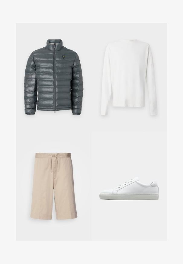 Puffer bunda v tmavě šedé barvě, prošívaná textura, vysoký límec, plný zip vpředu, elastické manžety a malý logotyp detail na horní levé straně.; Bílá bavlněná košile s dlouhým rukávem a kulatým výstřihem, s bočními rozparky na spodní části a hladkým povrchem, vystavená zezadu.; Béžové bavlněné šortky s elastickým pasem, stahovací šňůrkou a rovnými nohavicemi. Nemají kapsy a mají hladkou, lehkou texturu.; Bílé tenisky s hladkým koženým svrškem a nízkým profilem. Mají zaoblenou špičku, šest nýtů a texturovanou gumovou podrážku.