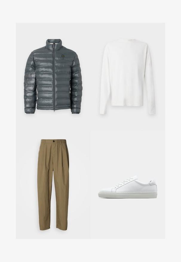 Kurtka puchowa w ciemnoszarym kolorze, pikowana tekstura, wysoki kołnierz, zamek błyskawiczny z przodu, elastyczne mankiety oraz mały detal z logo na górze po lewej stronie.; Biała, bawełniana koszula z długim rękawem, okrągłym dekoltem, bocznymi rozcięciami na dole oraz gładką fakturą, wyeksponowana z tyłu.; Spodnie w kolorze khaki o prostym kroju z dekoracyjnymi zakładkami, szlufkami na pasek oraz jednym czarnym guzikiem w talii, prezentowane na białym tle.; Białe sneakersy z gładką skórzaną cholewką i niskim profilem. Posiadają okrągły nos, sześć dziurek na sznurówki oraz teksturowaną gumową podeszwę.