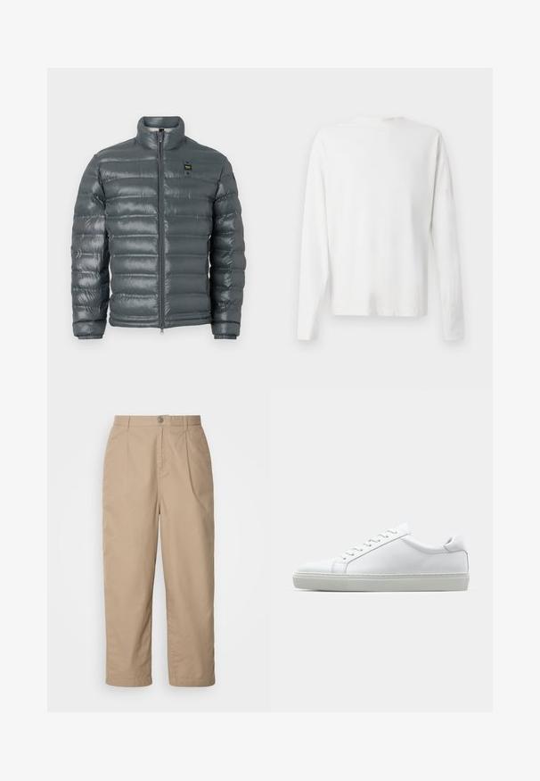 Puffjacka i mörkgrått, kviltad textur, hög krage, hel dragkedja framtill, elastiska muddar och en liten logodetalj nära toppen på vänster sida.; Vit långärmad skjorta i bomull med rund halsringning, sidofickor längst ner och en slät yta, visad bakifrån.; Beige, lätta bomullbyxor med veckad front, knappstängning och raka ben, som har en slät yta och inga synliga mönster.; Vit sneaker med en slät läderövre och låg profil. Har en rundad tå, sex snörhål och en strukturerad gummisula.
