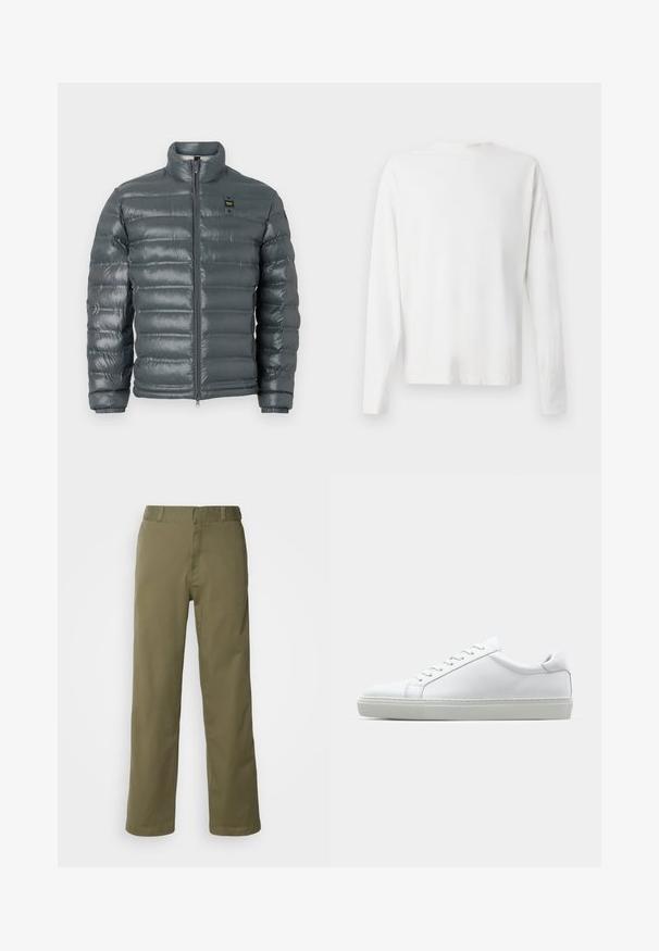 Pufová bunda v tmavošedej farbe, prešívaná textúra, vysoký golier, celopredný zips, elastické manžety a malý logotypový detail blízko vrchu na ľavej strane.; Biela bavlnená košeľa s dlhými rukávmi a okrúhlym výstrihom, s bočnými rozparkami na spodku a hladkou textúrou, zobrazená zozadu.; Khaki nohavice vyrobené z hladkej bavlnenej tkaniny, s rovnými nohavicami, zapínaním na gombík a zips a pasóvými slučkami na páse.; Biele tenisky s hladkým koženým zvrškom a nízkym profilom. Majú zaoblenú špičku, šesť očiek a štruktúrovanú gumovú podrážku.