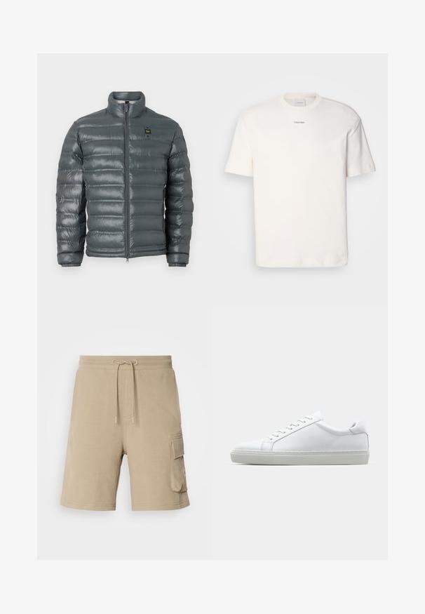 Pufferjakke i mørkegrå, kviltet tekstur, høy krage, hel glidelås foran, elastiske mansjetter og en liten logodetalj nær toppen på venstre side.; Hvit bomulls T-skjorte med rund hals, korte ermer og brodert "Calvin Klein" logo i midten av brystet. Enkel design.; Beige cargo shorts laget av mykt stoff, med strikket liv og sidetekster. Enkelt design, kne-lengde, minimale sømdetaljer.; Hvit sneakers med en glatt skinnoverdel og lav profil. Har en rund tå, seks snøring hull, og en teksturert gummisåle.