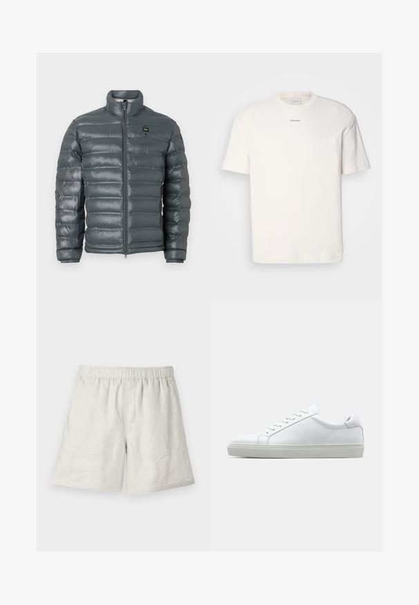 Tumehall puffer-jakk, tikitud tekstuur, kõrge krae, täispikk lukk ees, elastsed mansetid ja väike logodetail vasakul ülal.; Valge puuvillane T-särk, millel on ümar kaelus, lühikesed varrukad ning rinnas keskel tikitud "Calvin Klein" logo. Üksluisus.; Heledad beige linane lühikesed püksid, millel on elastne vöökoht, lõdva istuvuse ja minimaalsete õmblustega lihtsa, mugava disaini jaoks.; Valge tennisetoss, millel on sile nahk pealis ja madal profiil. Omab ümarat ninaosa, kuut silmust ja tekstuuriga kummist talda.