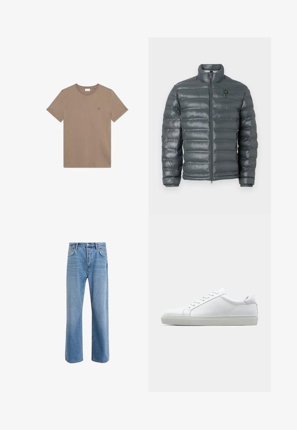 Pūkuota striukė tamsiai pilkos spalvos, siuvinėta tekstūra, aukštas apykaklė, visiškai užtraukiama priekyje, elastingi raštai ir nedidelis logotipo detalė viršuje kairiajame šone.; Rudas medvilninis marškinėliai su apvalia iškirpte, trumpomis rankovėmis ir mažuoju raudonu logotipu "II" ant krūtinės. Paprastas dizainas ir glotni tekstūra.; Šviesiai mėlyni džinsai su tiesiu kirpimu, penkios kišenės, mygtuko užsegimas, minimalus blukimas ir kontrastingi siuvimo detalės.; Baltas sportinis batelis su lygiu odiniu paviršiumi ir žemu profiliu. Turi suapvalintą pirštą, šešis akių skyrius ir tekstūruotą gumos padą.