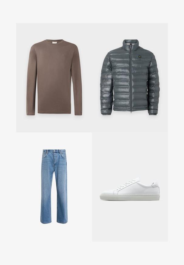 Puffer jacket in dark gray, quilted texture, high collar, full zip front, elastic cuffs, and a small logo detail near the top on the left side.; Long-sleeve brown cotton T-shirt with crew neck; features a small logo on the chest and a smooth, lightweight texture.; Light blue denim jeans with a straight-leg design, five pockets, button closure, minimal fading, and contrasting stitching details.; White sneaker with a smooth leather upper and a low profile. Features a rounded toe, six eyelets, and a textured rubber sole.