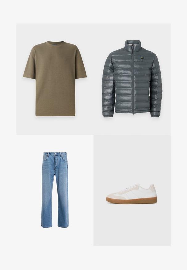 Puffede jakke i mørkegrå, quiltet tekstur, høj krave, fuld lynlås foran, elastiske manchetter og en lille logo detalje nær toppen på venstre side.; Kaki ribbet t-shirt med kortærmer og rund halsudskæring, der har en afslappet pasform og blød tekstur, velegnet til afslappet brug.; Lyseblå denim jeans med lige ben-design, fem lommer, knaplukning, minimal falming og kontraststingdetaljer.; Hvide og beige sneakers med ruskind og læderdetaljer. Har en gummisål, snørebåndsdesign og minimalistiske sidelister.