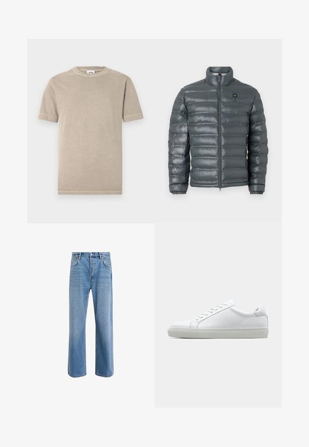 Pufferjakke i mørkegrå, kviltet tekstur, høy krage, hel glidelås foran, elastiske mansjetter og en liten logodetalj nær toppen på venstre side.; Beige bomulls-T-skjorte med korte ermer og rund hals. Har synlige sømmer langs ermene og kanten. Enkel, jevn tekstur.; Lys blå denimjeans med rett ben-design, fem lommer, knappeåpning, minimal falming og kontrasterende sømdetaljer.; Hvit sneakers med en glatt skinnoverdel og lav profil. Har en rund tå, seks snøring hull, og en teksturert gummisåle.