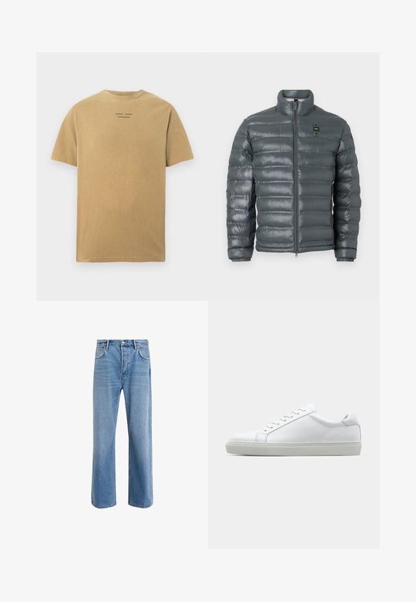 Doudoune gris foncé, texture matelassée, col montant, fermeture éclair sur toute la longueur, poignets élastiques, et un petit logo près du haut sur le côté gauche.; T-shirt à manches courtes de couleur beige clair, fabriqué en coton. Doté d'un col rond et d'un texte de marque imprimé au dos.; Jeans en denim bleu clair avec une coupe droite, cinq poches, fermeture à bouton, peu d'usure et des détails de couture contrastés.; Sneaker blanche avec une tige en cuir lisse et un profil bas. Présente un bout arrondi, six œillets et une semelle en caoutchouc texturé.