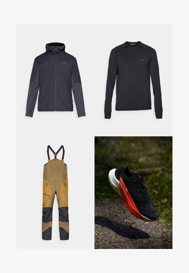 Meeste tumehall jakk, millel on tõmblukk, kõrge krae, pikad varrukad ja küljetaskud. Valmistatud sujuvast ja kerge materjalist.; Mustcarem must sleeve'iga Salomon spordisärk, millel on ümmargune kaelus ja diskreetne logo rinnal ja vasakul randmel, esitatud valge tausta ees.; Pruunid ja mustad ülevalt avanevad kombinesoonid reguleeritavate mustade õlapaeltega ja lukuga taskutega, mõeldud välitingimustes või tööks kasutamiseks.; Must have musta jalgsed, punaste detailidega, kerge võrgust pealis, tekstureeritud valge tallaga ja kinnitusüsteemiga. Kujundatud jõudluseks ja mugavuseks.