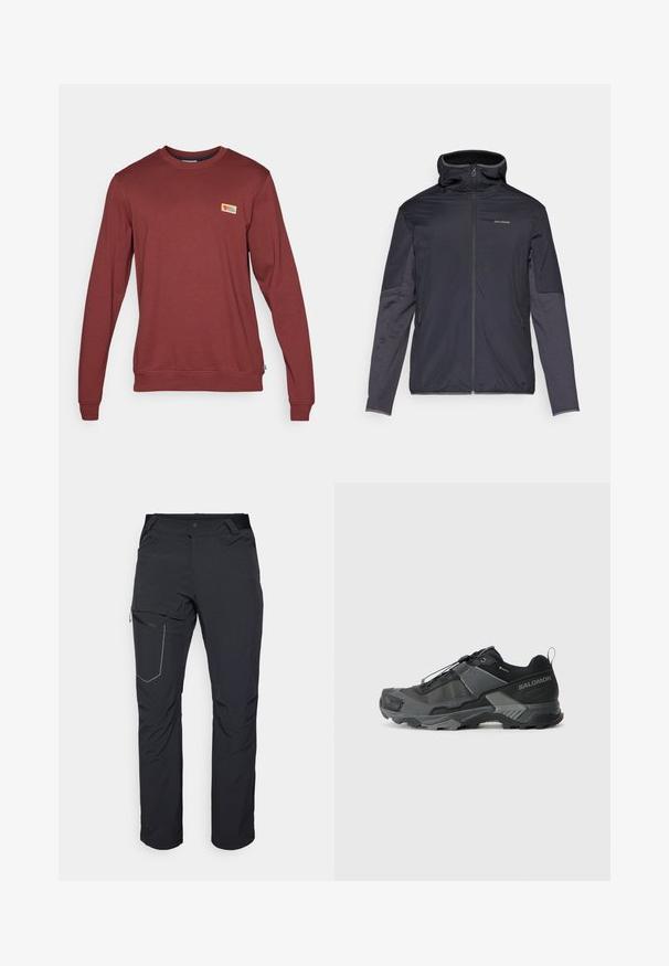 Mannsjakke i mørkegrå, med glidelås foran, høy krage, lange ermer og sidelommer. Laget av glatt, lett materiale.; Rød sweatshirt med lange ermer laget av bomullsblanding, med en ribbestrikket hals, mansjetter og et lite logo-patch på brystet.; Svart utendørsbukser med en glidelåslomme på låret, elastisk midje og glatt, vannavstøtende stoff. Renslig design uten synlige logoer.; Svart terrengløpesko med et slitesterkt maskeoberoende, forsterket tåhette, teksturert gummisåle og elastisk lissystem for sikre tilpasning.