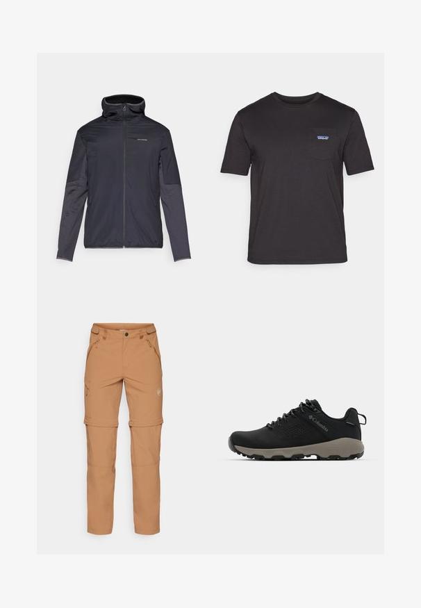 Casaco masculino em cinza escuro, com fecho de correr na frente, gola alta, mangas longas e bolsos laterais. Feito de material liso e leve.; T-shirt preta de mangas curtas feita de algodão, com um bolso no peito e o logo azul da Patagonia do lado esquerdo.; Mammut RUNBOLD ZIP OFF PANTS MEN - Calças para exterior - claystone; Sapatilha de caminhada preta com parte superior lisa, design perfurado, sola cinza e calcanhar reforçado. Apresenta atacadores e uma alça para facilitar o calçar.