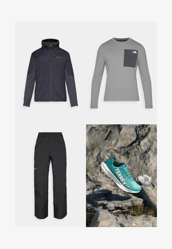 Vīriešu jaka tumši pelēkā krāsā ar rāvējslēdzēju priekšpusē, augstu apkakli, garām piedurknēm un sānu kabatām. Izgatavota no gluda, viegla materiāla.; Garais krekls ar garām piedurknēm un teksturētu audumu, ar tumši pelēku krūšu kabatu un rāvējslēdzēju. Uz kabatas ir balts logo.; Melnas ūdensizturīgas bikses ar taisnu piegriezumu, apakšā ar rāvējslēdzēju kabatām, pastiprinātām apakšmalām un gludu tekstūru.; Akvainas sporta apavas ar elpojošu acs augšdaļu, balto "TERREX" zīmolu, mīkstu zoli un izturīgu ārējo zoli, suspensijā virs akmeņainas reljefa.