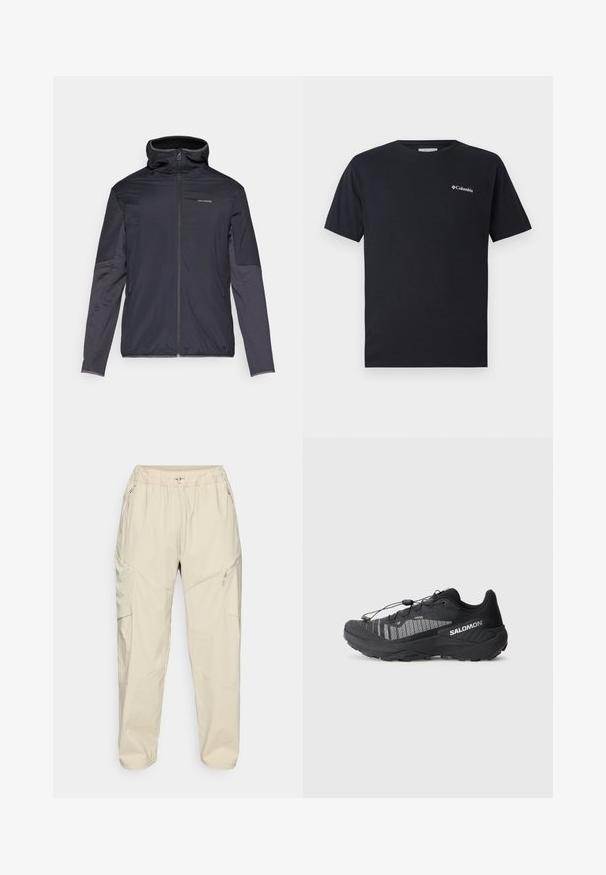 Men’s jacket in dark gray, featuring a zip front, high collar, long sleeves, and side pockets. Made from smooth, lightweight material.; Black short-sleeve t-shirt made of cotton, featuring a small white Columbia logo on the left chest area. Classic crew neckline and relaxed fit.; Beige lightweight cargo pants with an elastic waistband, zippered side pockets, and a tapered leg design for a relaxed fit.; Black trail running shoe with a textured mesh upper, reflective accents, cushioned sole, and elastic lacing system. Logo on the side.