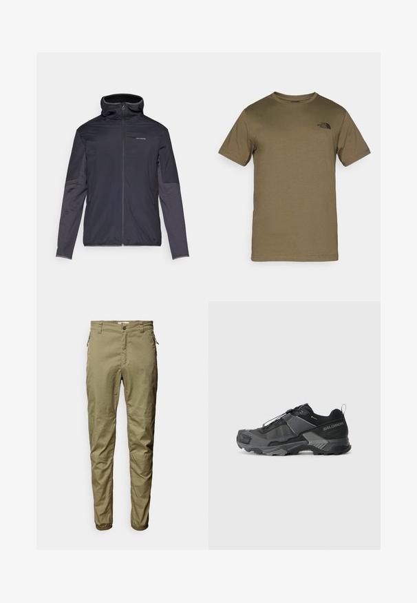 Férfi dzseki sötét szürke színben, elől cipzárral, magas gallérral, hosszú ujjakkal és oldal zsebekkel. Simább, könnyű anyagból készült.; Olíva zöld, rövid ujjú póló, puha anyagból készült, bal mellen egy kis fekete logóval és klasszikus kerek nyakkivágással.; Olíva zöld nadrág könnyű anyagból, elülső zsebekkel, oldalsó cipzár részlettel és rugalmas mandzsettával.; Fekete terepfutó cipő tartós hálós felsőrésszel, megerősített orr résszel, texturált gumitalppal és rugalmas fűzőrendszerrel a biztonságos illeszkedés érdekében.