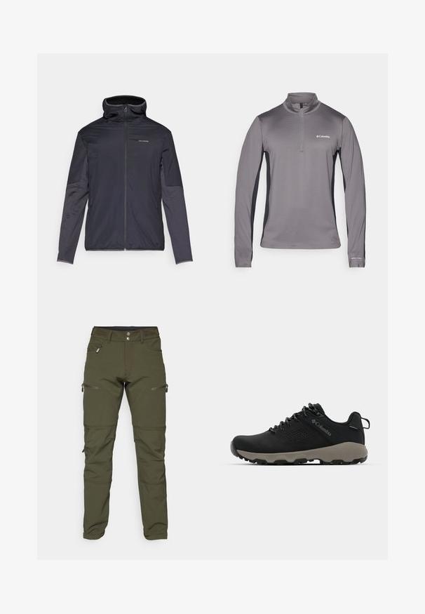 Casaco masculino em cinza escuro, com fecho de correr na frente, gola alta, mangas longas e bolsos laterais. Feito de material liso e leve.; Pullover cinza de manga longa com fecho de meio, tecido texturizado, painéis laterais pretos em contraste e pequeno logótipo no peito.; Calças verde-azeitona feitas de tecido elástico. Apresentam dois bolsos laterais com zíper e costuras nos joelhos para maior flexibilidade. Design ajustado com uma textura suave.; Sapatilha de caminhada preta com parte superior lisa, design perfurado, sola cinza e calcanhar reforçado. Apresenta atacadores e uma alça para facilitar o calçar.