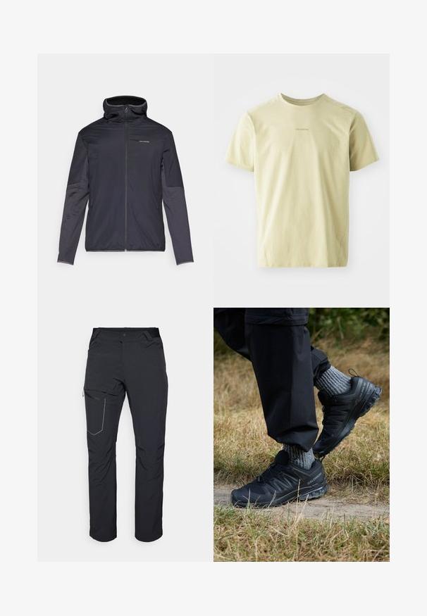 Férfi dzseki sötét szürke színben, elől cipzárral, magas gallérral, hosszú ujjakkal és oldal zsebekkel. Simább, könnyű anyagból készült.; Salomon TRACKLINE TEE - Sportfelső - gray green; Fekete kültéri nadrág, cipzáras combzsebbel, rugalmas derékrésszel és sima, vízlepergető szövettel. Tiszta dizájn, látható logók nélkül.; Fekete sportcipők texturált hálós felsőrésszel, gumitalppal és feltűnő fűzőrendszerrel. Szürke kötött zoknival és fekete nadrággal párosítva.