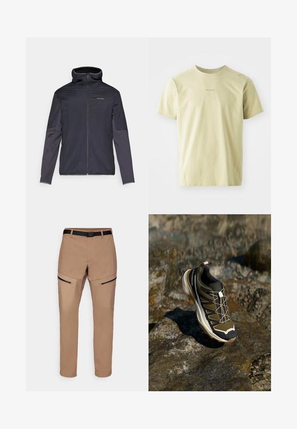 Men’s jacket in dark gray, featuring a zip front, high collar, long sleeves, and side pockets. Made from smooth, lightweight material.; Salomon TRACKLINE TEE - Sports T-shirt - gray green; Beige hiking pants with a straight cut, featuring zippered side pockets, a durable fabric, and a black adjustable belt at the waist.; Hiking shoe in olive green and black with pink accents. Features a textured upper, flexible sole, reinforced toe cap, and colorful lacing system.