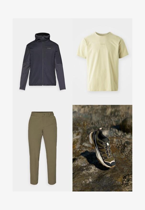 Muška jakna u tamno sivoj boji, s prednjim zatvaračem, visokim ovratnikom, dugim rukavima i bočnim dzepovima. Izrađeno od glatkog, laganog materijala.; Salomon TRACKLINE TEE - Sportska majica - gray green; Maslinasto zelene hlače od laganog materijala, s ravnim krojem, standardnim pojasom s kopčanjem na dugme i bez vidljivih uzoraka.; Planinarska obuća u maslinasto zelenoj i crnoj boji s ružičastim akcentima. Ima teksturirani gornji dio, fleksibilnu podlogu, ojačan vrh i šareni sustav vezanja.