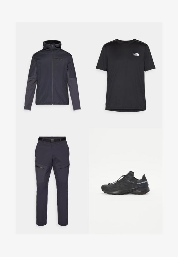 Jachetă pentru bărbați de culoare gri închis, cu fermoar în față, guler înalt, mâneci lungi și buzunare laterale. Fabricată dintr-un material neted și ușor.; Tricou negru cu mânecă scurtă, realizat dintr-un material ușor. Prezintă un mic logo alb pe pieptul stâng și accente subtile pe umeri.; Pantaloni de exterior de culoare bleumarin închis, cu croială slim, dotati cu buzunare cu fermoar, întărituri la genunchi și o talie ajustabilă. Material ușor.; Pantofi de alergare pe teren accidentat, negri, cu un superior texturat, șireturi elastice și talpă Contagrip. Au un fit strâns și un capac de protecție pentru degete.