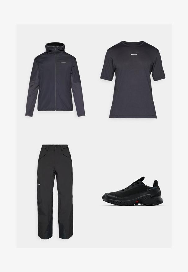 Férfi dzseki sötét szürke színben, elől cipzárral, magas gallérral, hosszú ujjakkal és oldal zsebekkel. Simább, könnyű anyagból készült.; Fekete rövid ujjú teljesítmény póló lélegző anyagból, kerek nyakkivágással és apró fehér "SALOMON" logóval a mellen.; Fekete vízálló nadrág egyenes szabással, cipzáras zsebekkel, megerősített szegéllyel és sima textúrájú felülettel.; Fekete sportcipők texturált felsőrésszel, lekerekített orral és kiemelkedő gumitalppal. Az oldalon logó található, a talp pedig vörös díszítéssel rendelkezik.