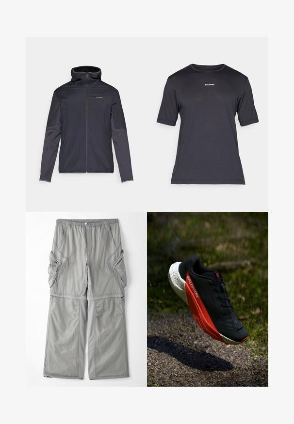 Mannsjakke i mørkegrå, med glidelås foran, høy krage, lange ermer og sidelommer. Laget av glatt, lett materiale.; Svart kortermet prestasjons-T-skjorte laget av pustende materiale, med rund hals og liten hvit "SALOMON" logo på brystet.; Lysegrå, pustende bukser med elastisk midje, sidelommer og kontrasterende grå piping langs sømmene. Løs passform.; Svart løpetype med røde detaljer, lett mesh-overdel, strukturert hvit såle og snøresystem. Designet for ytelse og komfort.