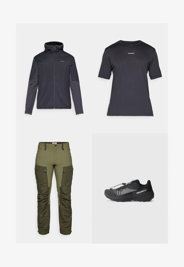 Muška jakna u tamno sivoj boji, s prednjim zatvaračem, visokim ovratnikom, dugim rukavima i bočnim dzepovima. Izrađeno od glatkog, laganog materijala.; Crna kratkotrajna majica za performanse s kratkim rukavima, napravljena od prozračnog materijala, s okruglim izrezom i malim bijelim logotipom "SALOMON" na prsima.; Fjällräven KEB TROUSERS M - Hlače za otvoreno - deep forest/laurel green; Crne trail trkačke cipele s teksturiranim mrežastim gornjim dijelom, reflektirajućim detaljima, ublaženim potplatom i elastičnim sustavom vezanja. Logotip sa strane.