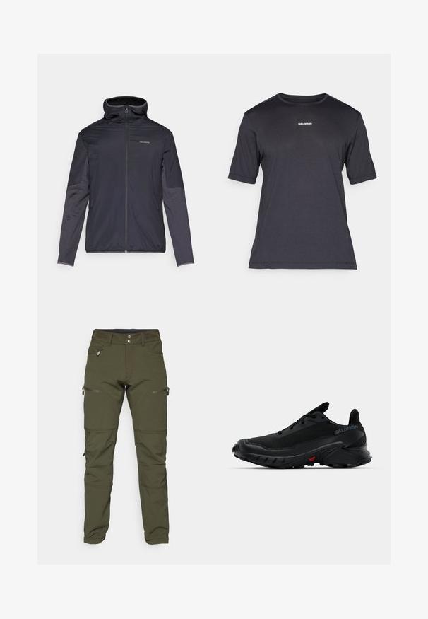 Herrjacka i mörkgrått, med dragkedja framtill, hög krage, långa ärmar och sidofickor. Tillverkad av ett mjukt och lätt material.; Svart kortärmad prestandatröja i andningsbart material, med rund halsringning och liten vit "SALOMON"-logotyp på bröstet.; Olivgröna byxor tillverkade av stretchigt tyg. Har två zippered sidofickor och knäskärningar för flexibilitet. Åtsittande design med en mjuk textur.; Svarta träningsskor med en texturerad ovandel, rund tå och framträdande gummisula. Har en logotyp på sidan och röda detaljer på sulan.