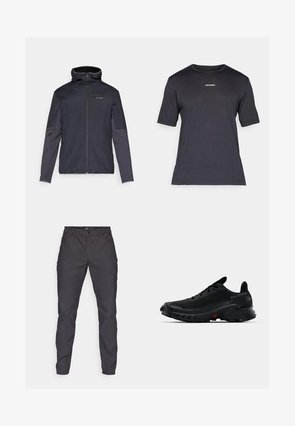 Moška jakna v temno sivi barvi, s sprednjim zadrgo, visokim ovratnikom, dolgimi rokavi in stranskimi žepi. Narejena iz gladkega, lahkega materiala.; Črna kratkosrajčna performančna majica iz dihalnega blaga, s krožno izrezom in majhnim belim logotipom "SALOMON" na prsih.; Temno sivi cargo hlače z gladko teksturo, z sprednjimi žepi in stranskim žepom; zavarovana pas z gumbom.; Črne športne čevlje z teksturirano zgornjšo plastjo, zaobljenim nosom in izrazitim gumijastim podplatom. Imajo logo na strani in rdeče detajle na podplatu.
