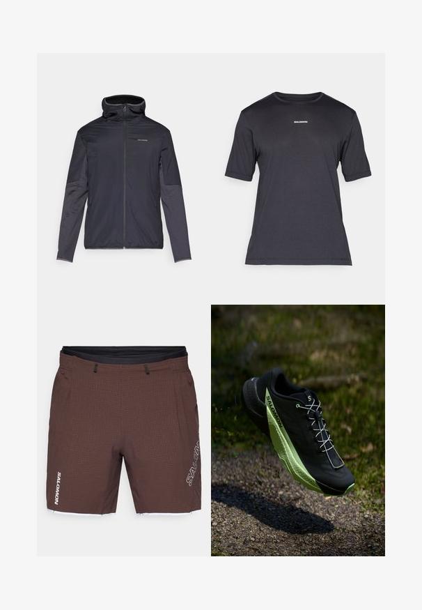Mannsjakke i mørkegrå, med glidelås foran, høy krage, lange ermer og sidelommer. Laget av glatt, lett materiale.; Svart kortermet prestasjons-T-skjorte laget av pustende materiale, med rund hals og liten hvit "SALOMON" logo på brystet.; Brune shortser laget av teknisk stoff, med teksturert mønster, elastisk midjebånd og sidelommer. Logoen er trykt i hvitt på siden.; Svart løpesko med teksturert overflate og grønne detaljer. Har et lett design og en unik, mønstret såle for bedre grep.