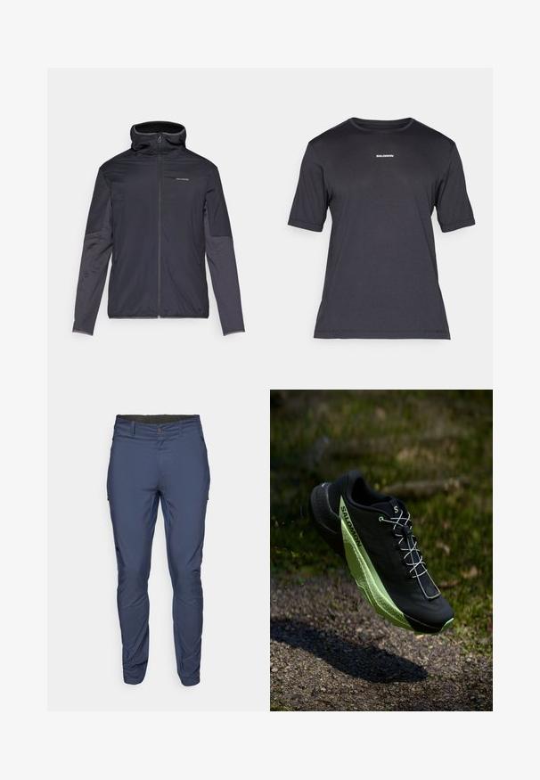 Casaco masculino em cinza escuro, com fecho de correr na frente, gola alta, mangas longas e bolsos laterais. Feito de material liso e leve.; T-shirt de desempenho preta de manga curta, feita de tecido respirável, com decote redondo e pequeno logótipo branco "SALOMON" no peito.; Calças azul-marinho com uma textura suave, apresentando um bolso com fecho de correr na lateral e um fecho de botão padrão na cintura.; Sapatilha de corrida preta com uma superfície texturizada e detalhes em verde. Apresenta um design leve e uma sola única e padronizada para maior tração.
