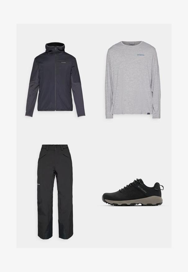Muška jakna u tamno sivoj boji, s prednjim zatvaračem, visokim ovratnikom, dugim rukavima i bočnim dzepovima. Izrađeno od glatkog, laganog materijala.; Svijetlosivi dugi rukav majica od mekanog, teksturiranog materijala. Ima okrugli izrez i mali plavi Patagonia logo na prsima.; Crne vodootporne hlače ravnog kroja, s zatvorenim džepovima, ojačanim rubovima i glatkom teksturom.; Crne planinarske cipele s glatkim gornjim dijelom, perforiranim dizajnom, sivoj potplati i ojačanim petom. Sadrže vezice i petlju za lakše oblačenje.