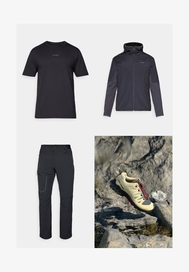 Herrjacka i mörkgrått, med dragkedja framtill, hög krage, långa ärmar och sidofickor. Tillverkad av ett mjukt och lätt material.; Svart atletisk t-shirt tillverkad av lättviktsmaterial, med rundad hals, korta ärmar och en diskret logotyp på bröstet.; Svarta utomhusbyxor med en zippered lårficka, elastisk midja och ett slätt, vattenavvisande tyg. Ren design utan synliga logotyper.; Beige lättviktssko med övre del i ventilerande mesh, röda snören, strukturerad sula och förstärkt tåsection, designad för utomhusbruk.