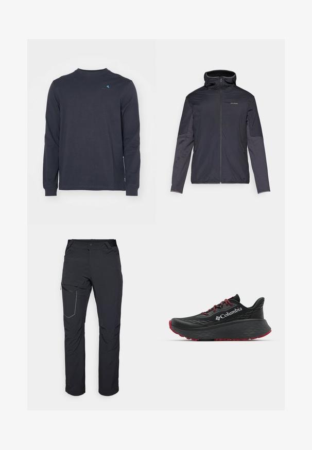 Men’s jacket in dark gray, featuring a zip front, high collar, long sleeves, and side pockets. Made from smooth, lightweight material.; Klättermusen ROOT LOGO TEE - Long sleeved top - raven; Black outdoor pants featuring a zippered thigh pocket, elastic waistband, and smooth, water-resistant fabric. Clean design with no visible logos.; Black athletic shoe with textured upper, red laces, and logo. Thick sole with patterned tread for traction. Minimalist design, side view.