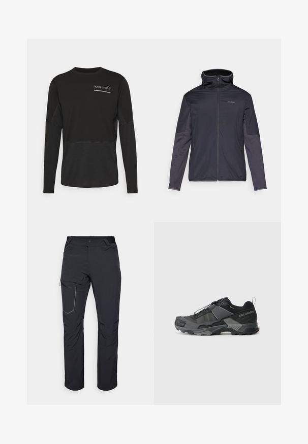 Vyriška tamsiai pilka striukė su užtrauktuku priekyje, aukštu apykakle, ilgomis rankovėmis ir šoninėmis kišenėmis. Pagaminta iš lygaus, lengvo audinio.; Norrøna SENJA EQUALISER LIGHTWEIGHT LONG SLEEVE - Ilgarankovis viršutinės dalies drabužis - caviar; Juodos lauko kelnės su užtrauktuku šlaunies kišenėje, elastinga juosmeniu ir lygiu, vandens nepraleidžiančiu audiniu. Tinkama dizaino forma be matomų logotipų.; Juodas bėgimo trail avalynė su patvariu tinkleliu, sustiprinta pado dalimi, tekstūruotu gumuotu padu ir elastingu raištelių sistema, užtikrinančia tvirtą prigludimą.